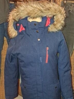 Roxy Kids Navy Blue Puffer Coat with Faux Fur Hood and Pink Accent